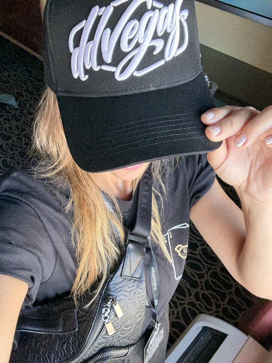 Leah Bluewater in a ddVegas hat Leah Bluewater (@leahbluewater) tipping a black ddVegas hat