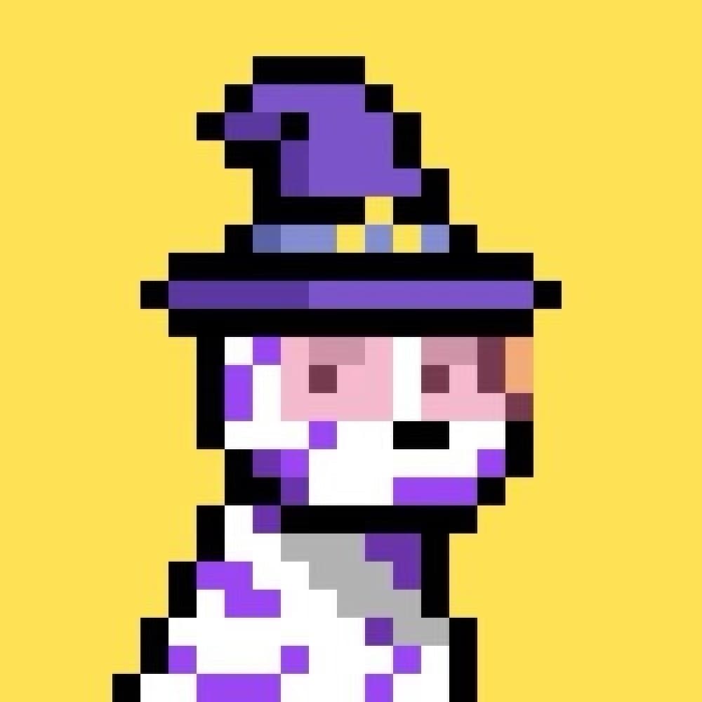 Leah Bluewater official pixel profile picture — @leahbluewater Official Leah Bluewater yellow-background pixel dog in a purple witch hat